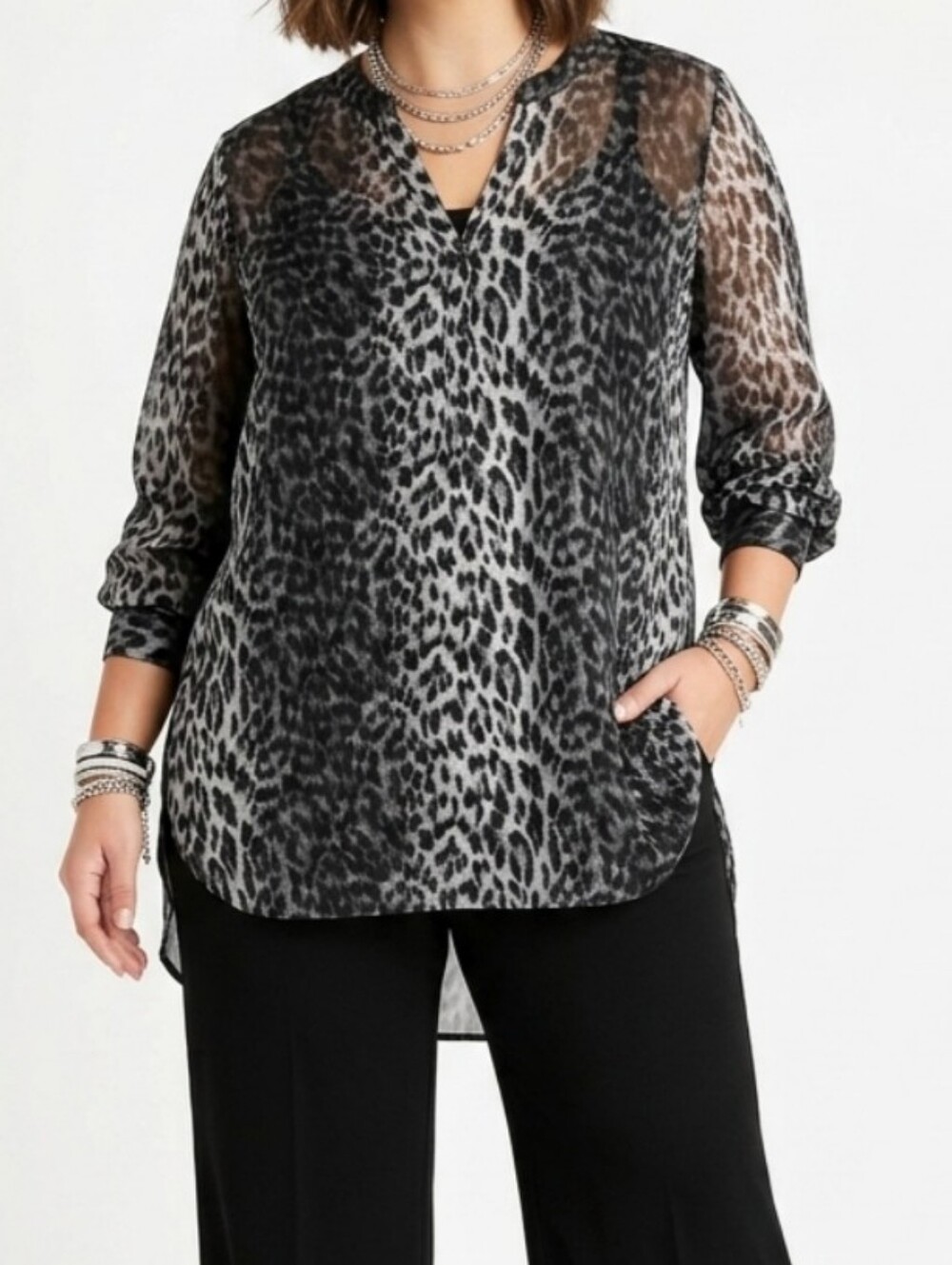 Black and Silver Sheer Leopard-Print V-Neck Blouse (L)
